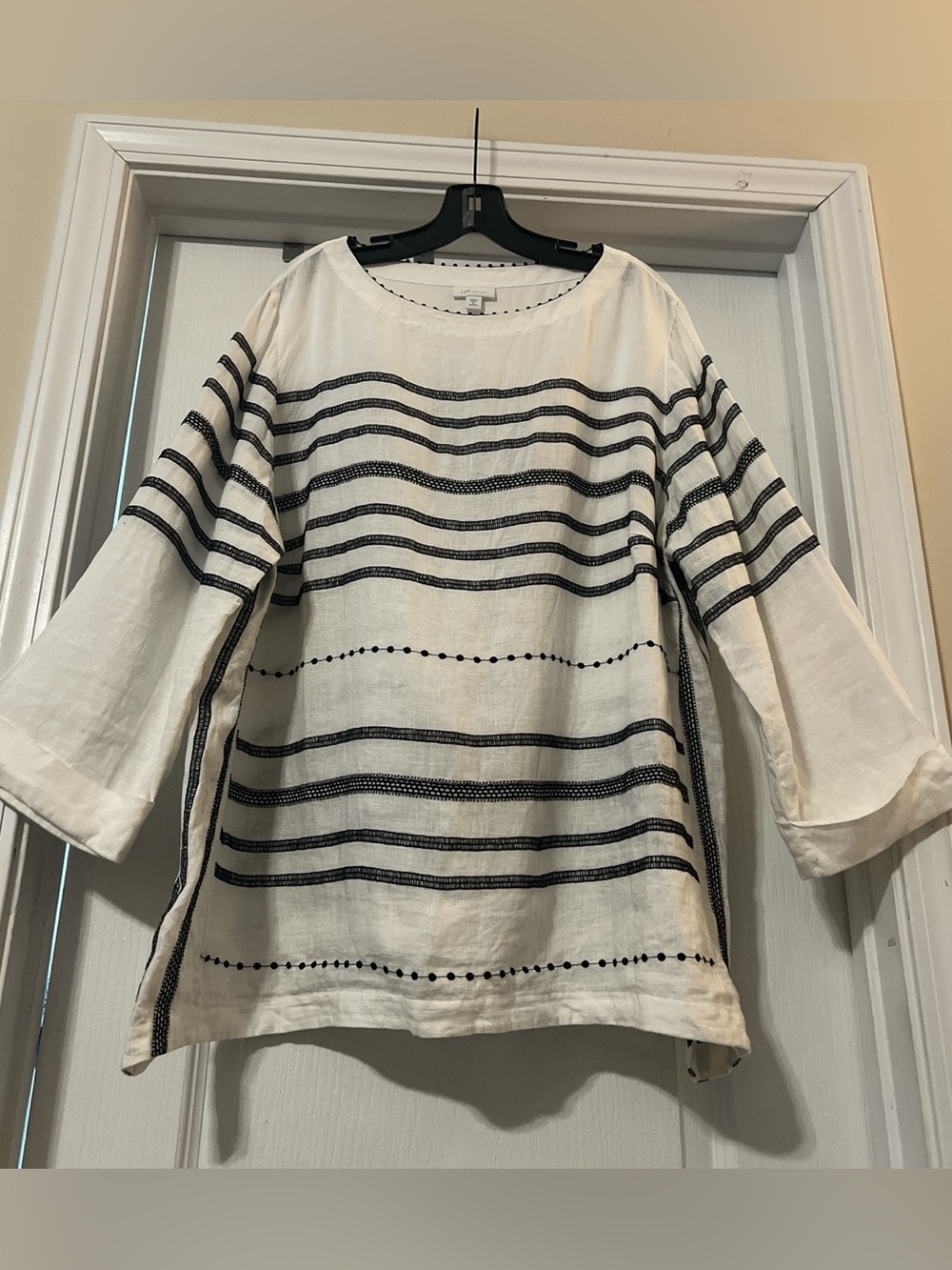 J. Jill Love Linen White Tunic with Black Striped Embroidery 2X Boho Nautical